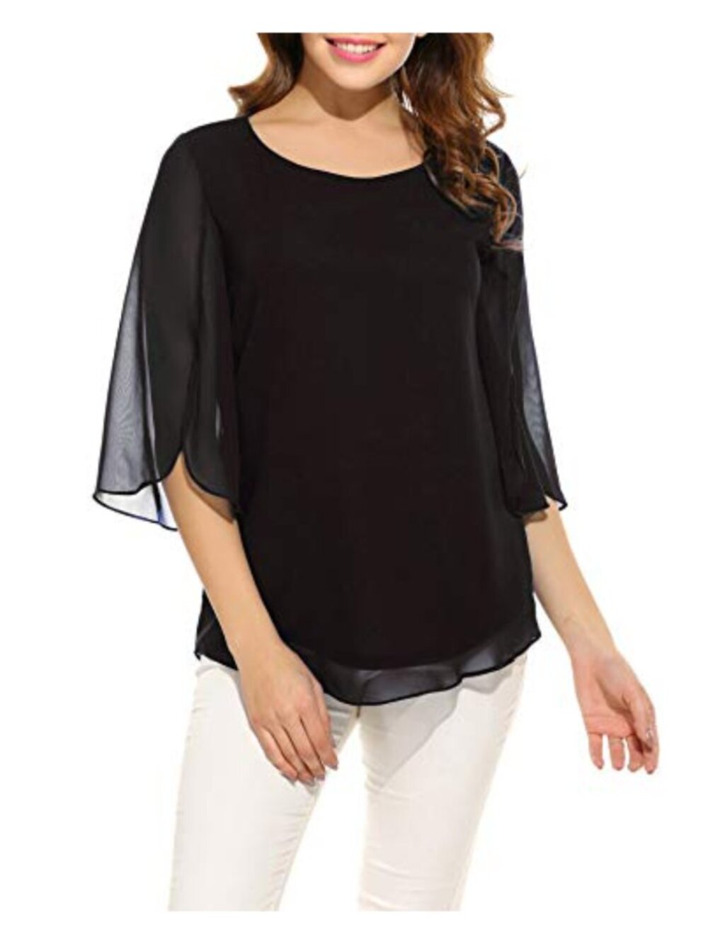 Chiffon Double Layer Blouse 3/4 Bell Sleeve Scoop Neck Flowy